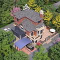 Traditional Detached Villa With Brick Exterior Gabled Roof Chimney Green Lawn And Surrounding Trees
