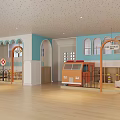 Kindergarten Interior With Little Self-service Bank Arched Design Tables Chairs And Plants