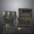 Ancient Treasure Chests With Open And Closed Lids Filled With Gold Coins And Small Statues
