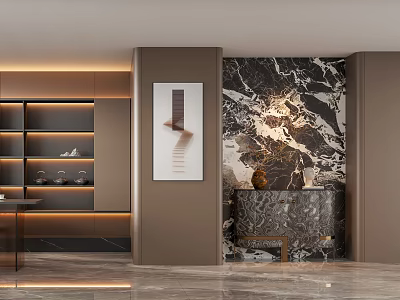 Modern Elegant Tea Room Interior With Marble Wall Display Shelf Decorative Painting And Marble Countertop 3d model
