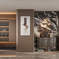 Modern Elegant Tea Room Interior With Marble Wall Display Shelf Decorative Painting And Marble Countertop