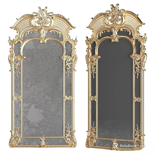 Two Golden Ornate Frame Mirrors With Classic Carvings And Elegant Design Details 3d model 