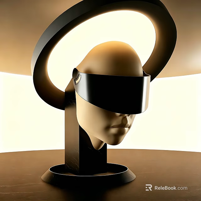 Art Installation Featuring Human Head Mannequin With Black Visor Circular Glowing Ring And Black Base 3d model 