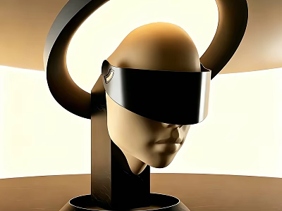 Art Installation Featuring Human Head Mannequin With Black Visor Circular Glowing Ring And Black Base 3d model