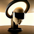 Art Installation Featuring Human Head Mannequin With Black Visor Circular Glowing Ring And Black Base