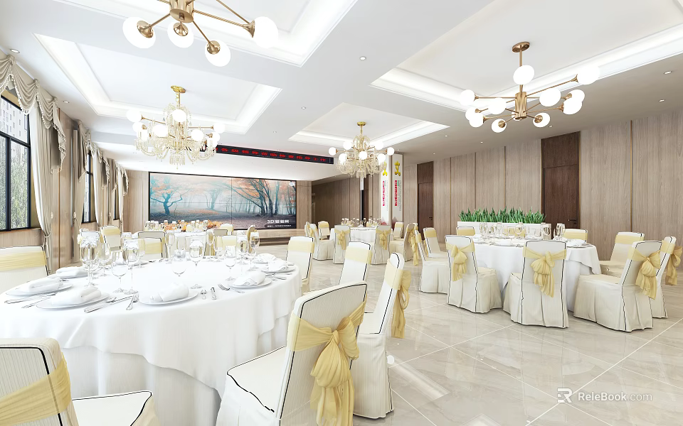 Banquet Hall Interior With Chandeliers Round Tables White Tablecloths And White Chairs With Yellow Bows 3d model 