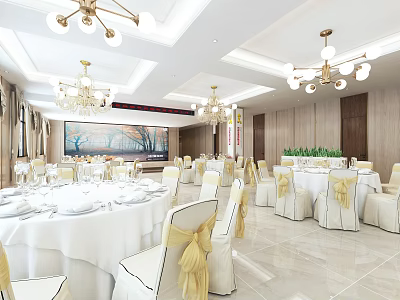 Banquet Hall Interior With Chandeliers Round Tables White Tablecloths And White Chairs With Yellow Bows 3d model