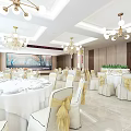 Banquet Hall Interior With Chandeliers Round Tables White Tablecloths And White Chairs With Yellow Bows