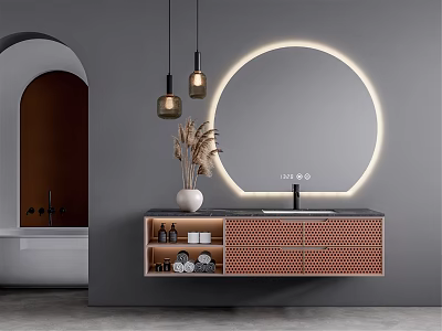 Bathroom Vanity With Round Illuminated Mirror Brown Mesh Drawers And Dried Flowers On Gray Wall 3d model