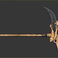 Fantasy Weapon With Curved Black Blade And Orange Decorative Woven Handle