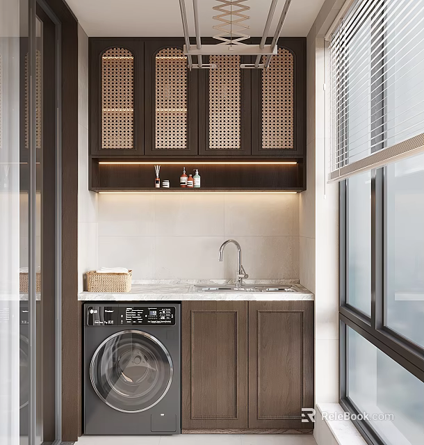 Modern Laundry Room With Washing Machine Lattice Cabinets Sink Countertop And Storage 3d model 
