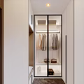 Modern Entryway Hallway With White Cabinets Wooden Elements Lighting Strips And Potted Plant