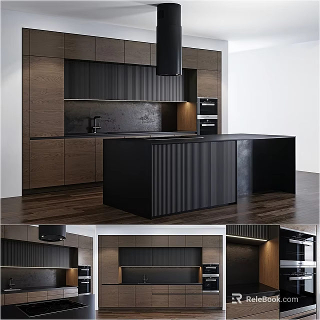 Modern Kitchen Interior With Dark Wooden Cabinets And Sleek Island Counter 3d model 
