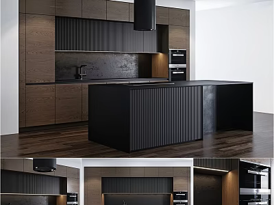 Modern Kitchen Interior With Dark Wooden Cabinets And Sleek Island Counter 3d model