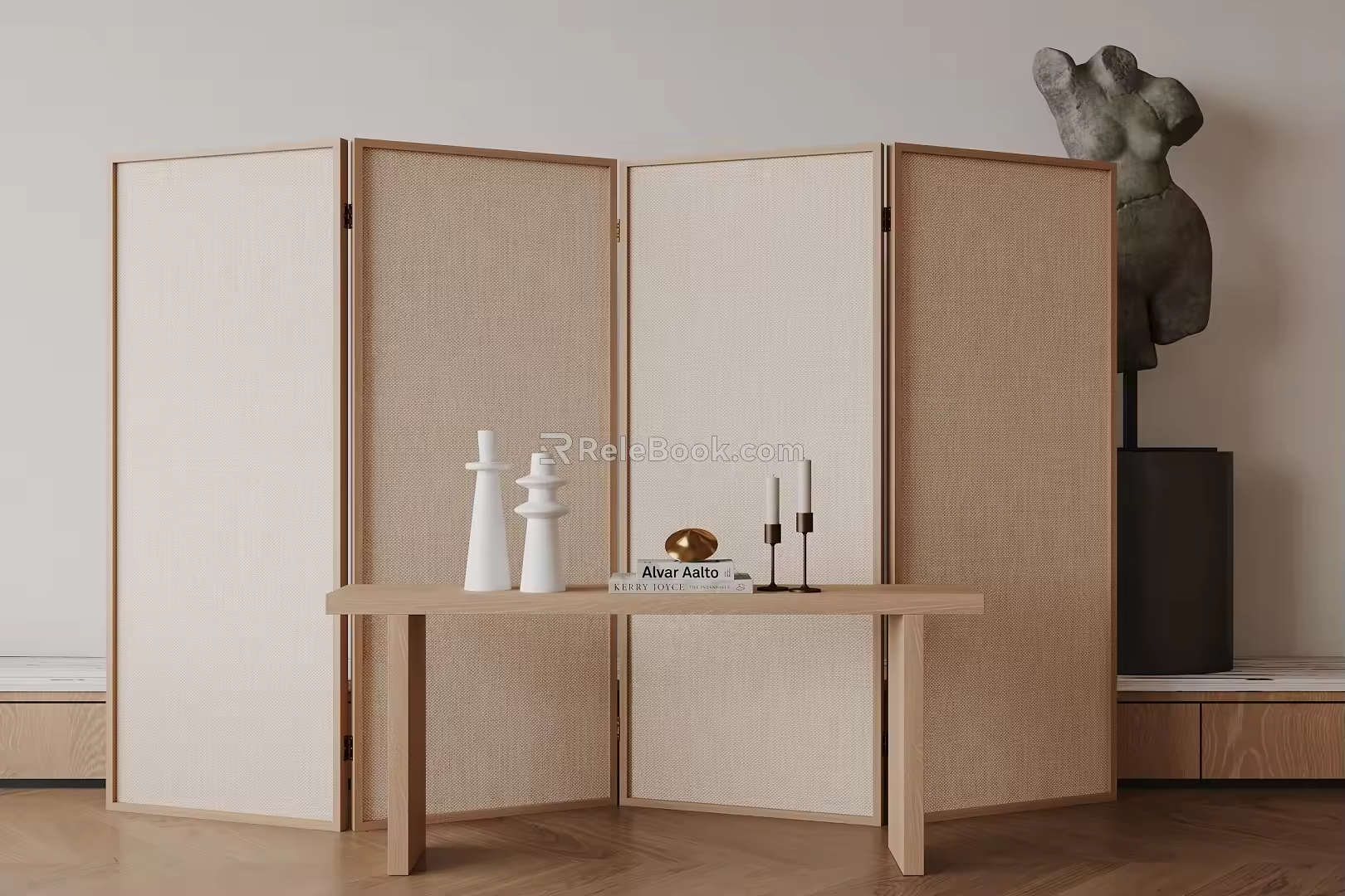 Silent screen solid wood folding rattan partition 3d model