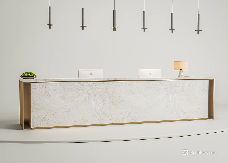 Modern Reception Desk With Marble Countertop Wooden Frame Computers Table Lamp And Hanging Lights 3d model 