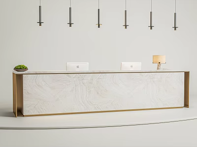 Modern Reception Desk With Marble Countertop Wooden Frame Computers Table Lamp And Hanging Lights 3d model
