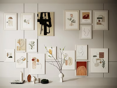 Diverse Wall Art Prints With Decorative Vase Books And Sculptures 3d model