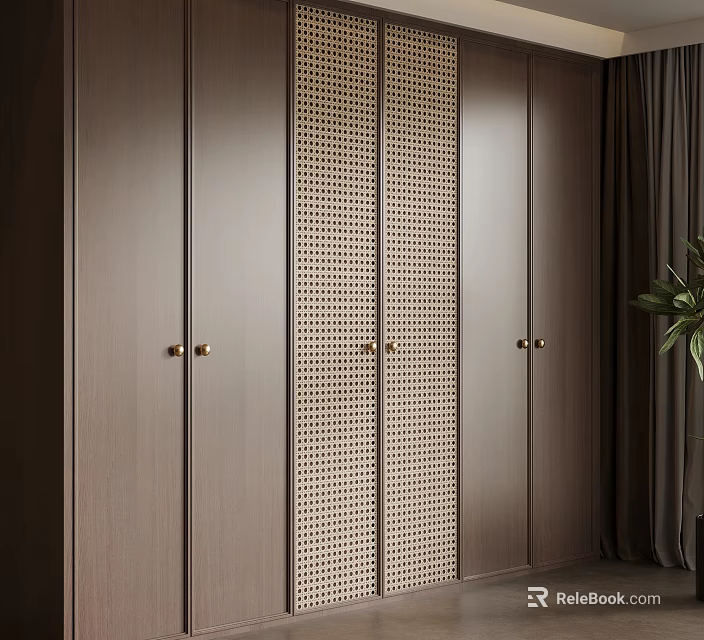 Modern Luxury Wooden Wardrobe With Lattice Panel Doors And Brass Handles 3d model 