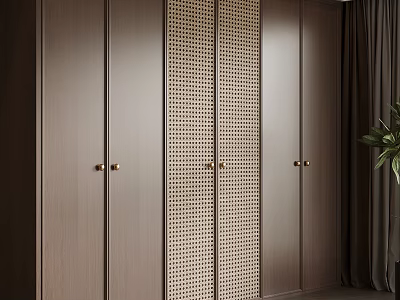 Modern Luxury Wooden Wardrobe With Lattice Panel Doors And Brass Handles 3d model