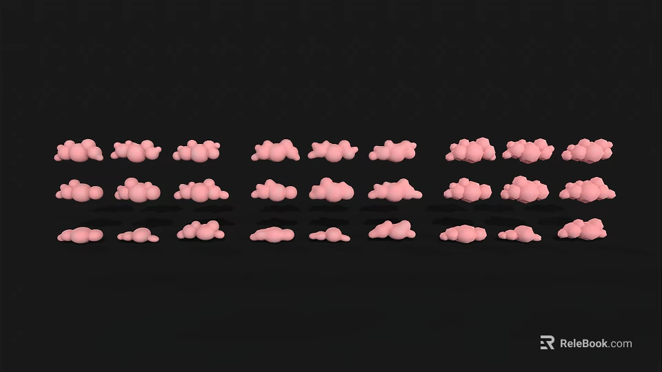 Cartoon Scene With Pink Clouds Arranged In Rows On Black Background 3d model 