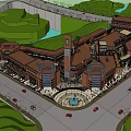 Modern Commercial Street With Clock Tower Plaza Fountain and Surrounding Buildings