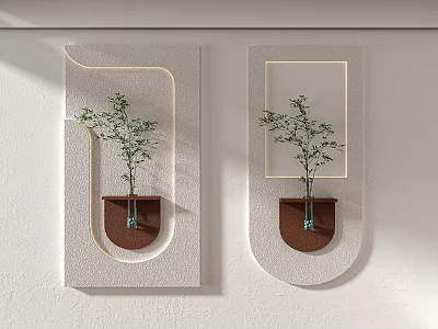 Modern Geometric Wall Decor with Golden Lines Brown Planters and Green Plants on White Wall 3d model