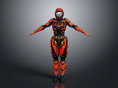Futuristic Game Movie Character In Red Black Orange Armored Suit With Mechanical Design 3d model