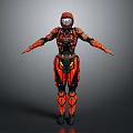 Futuristic Game Movie Character In Red Black Orange Armored Suit With Mechanical Design