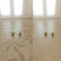 Geometric Patterned Wooden Floor With Two Green Apples In Natural Sunlit Room