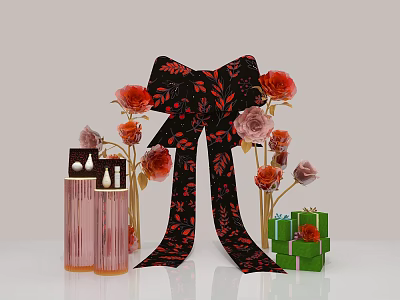 Black Red Floral Bow With Red Pink Flowers Gold Stems Pink Candles Green Gift Box 3d model