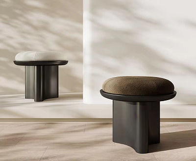 Minimalist Round Stools With Black Metal Bases And Brown White Cushioned Seats 3d model