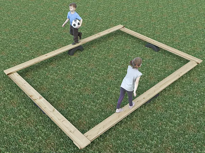 Kindergarten Outdoor Play Area With Wooden Frame And Children Playing On Grass 3d model