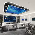 Modern Monitoring Room Interior With Large Screen Data Charts Control Console And Chairs