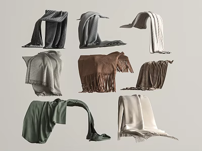 Various Stylish Scarves In Different Colors With Fringed Designs And Soft Fabrics 3d model