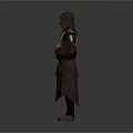 Man In Medieval Style Hooded Brown Robe With Ornamental Belt And Long Tunic
