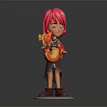 Pink Haired Game Movie Character Holding Orange Dragon Dark Clothes and Brown Boots on Base