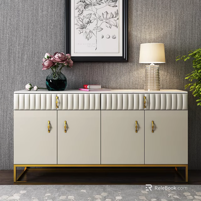 Elegant White Console Cabinet With Gold Handles Legs Vase Lamp And Decorative Painting 3d model 