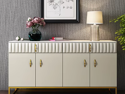 Elegant White Console Cabinet With Gold Handles Legs Vase Lamp And Decorative Painting 3d model
