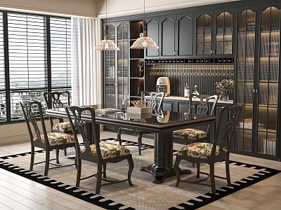 Modern Dining Room Interior With Black Table Chairs Window And Glass Wine Cabinet Pendant Lights 3d model