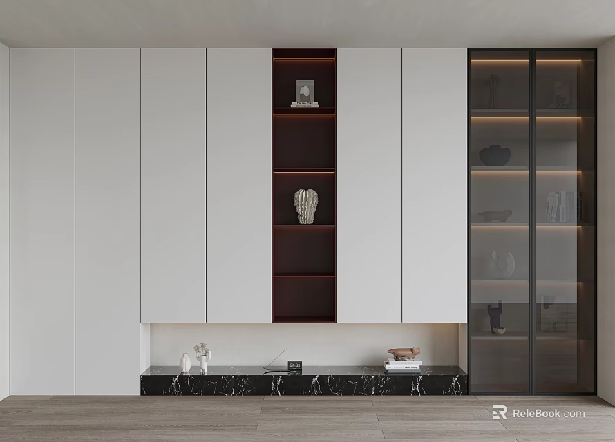 Modern Bookcase Interior Design With White And Dark Cabinets Glass Doors And Marble Countertop 3d model 
