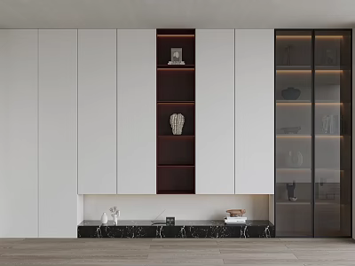 Modern Bookcase Interior Design With White And Dark Cabinets Glass Doors And Marble Countertop 3d model