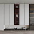 Modern Bookcase Interior Design With White And Dark Cabinets Glass Doors And Marble Countertop