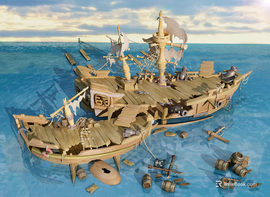 Cartoon Style Weathered Pirate Ship With Barrels And Planks In Ocean 3d model 