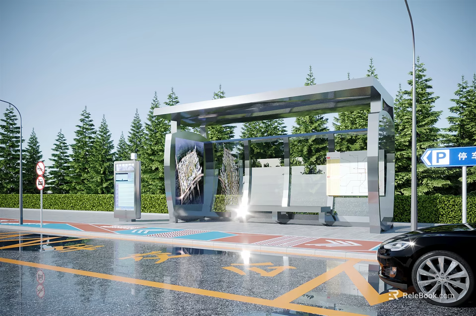 Modern Bus Stop Design With Metal Canopy Benches Pine Trees Wet Pavement And Information Board 3d model 