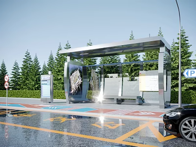 Modern Bus Stop Design With Metal Canopy Benches Pine Trees Wet Pavement And Information Board 3d model