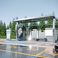 Modern Bus Stop Design With Metal Canopy Benches Pine Trees Wet Pavement And Information Board