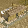 Traditional Thatched Roof Shed With Drying White Fabrics And Person Near Wheat Field