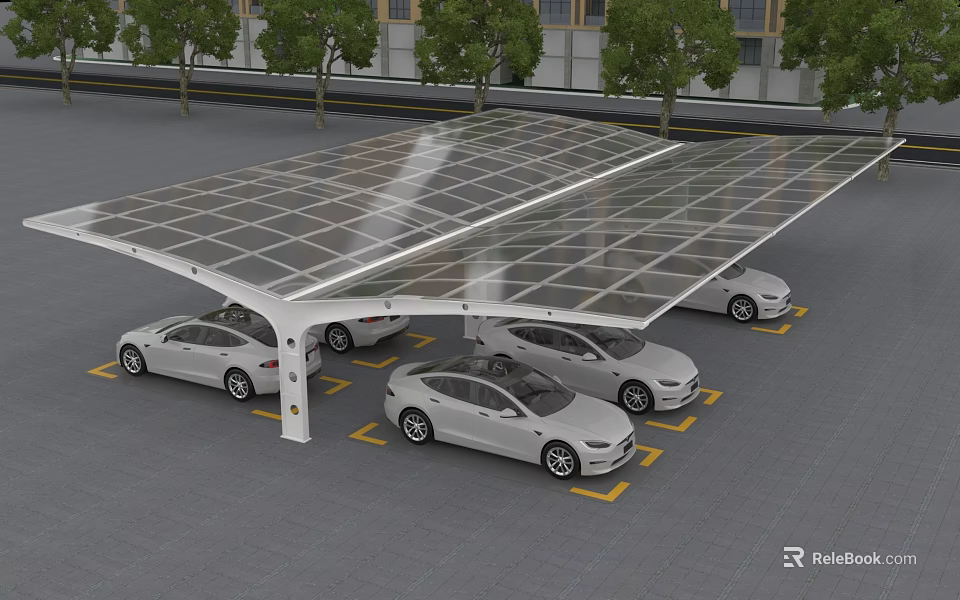 Solar Panel Canopy Covered Parking Lot With White Vehicles And Yellow Lines 3d model 