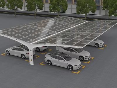 Solar Panel Canopy Covered Parking Lot With White Vehicles And Yellow Lines 3d model